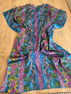 Winlar Vintage Vibrant Teal Floral Maxi Dress Caftan MuMu